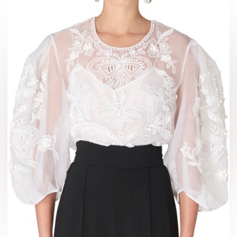 NWT $1890 Carolina Herrera Embroidered Puff Sleeve Silk Organza Blouse, White, 4 - Picture 2 of 6